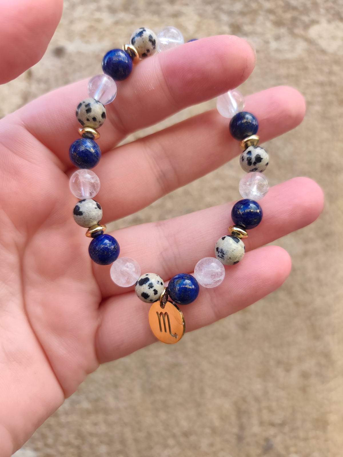 Bracelet Signe Astrologique Scorpion – Jaspe Dalmatien, Cristal de Roche, Lapis-Lazuli