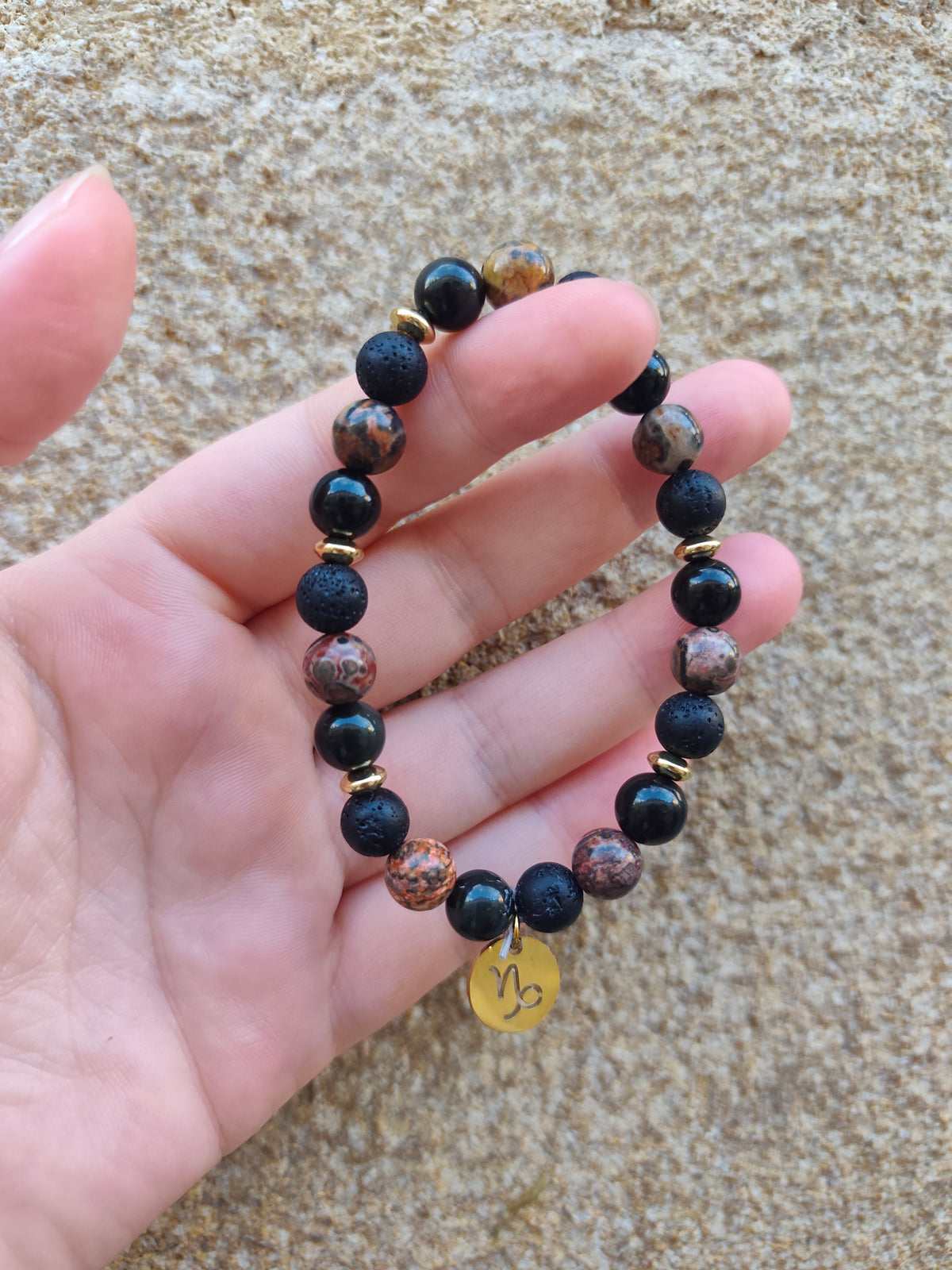Bracelet Signe Astrologique Capricorne – Obsidienne Œil Céleste, Pierre de Lave &amp; Jaspe Léopard ♑