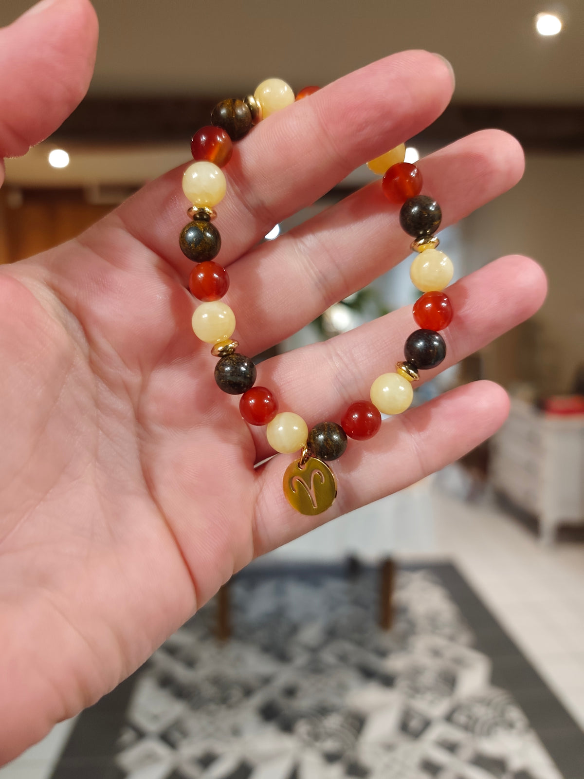 Bracelet Signe Astrologique Bélier – Cornaline, Calcite Jaune, Bronzite