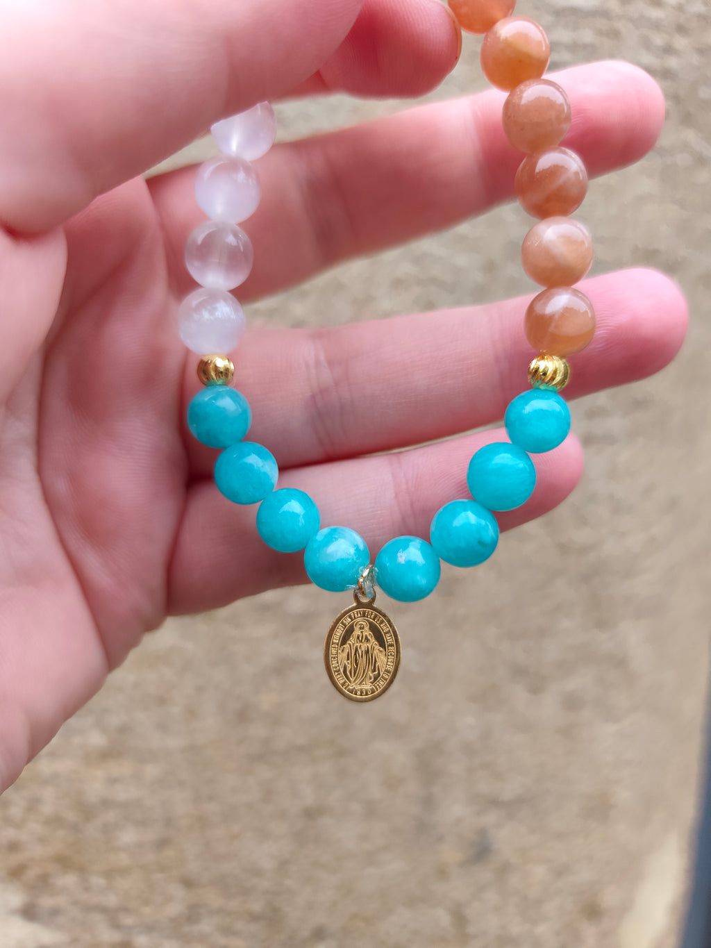 Bracelet Vierge Marie – Amazonite, Sélénite & Pierre de Lune
