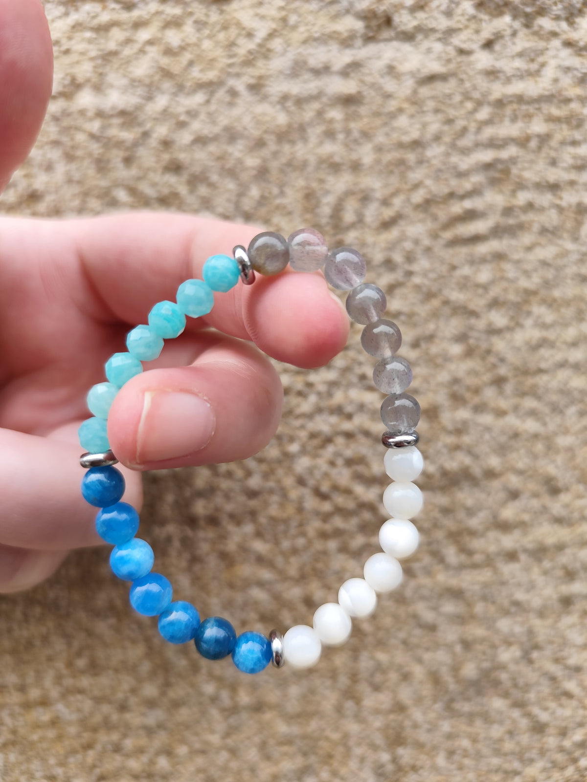 Bracelet Océan en Pierres Naturelles – Nacre, Apatite Bleue, Amazonite et Labradorite
