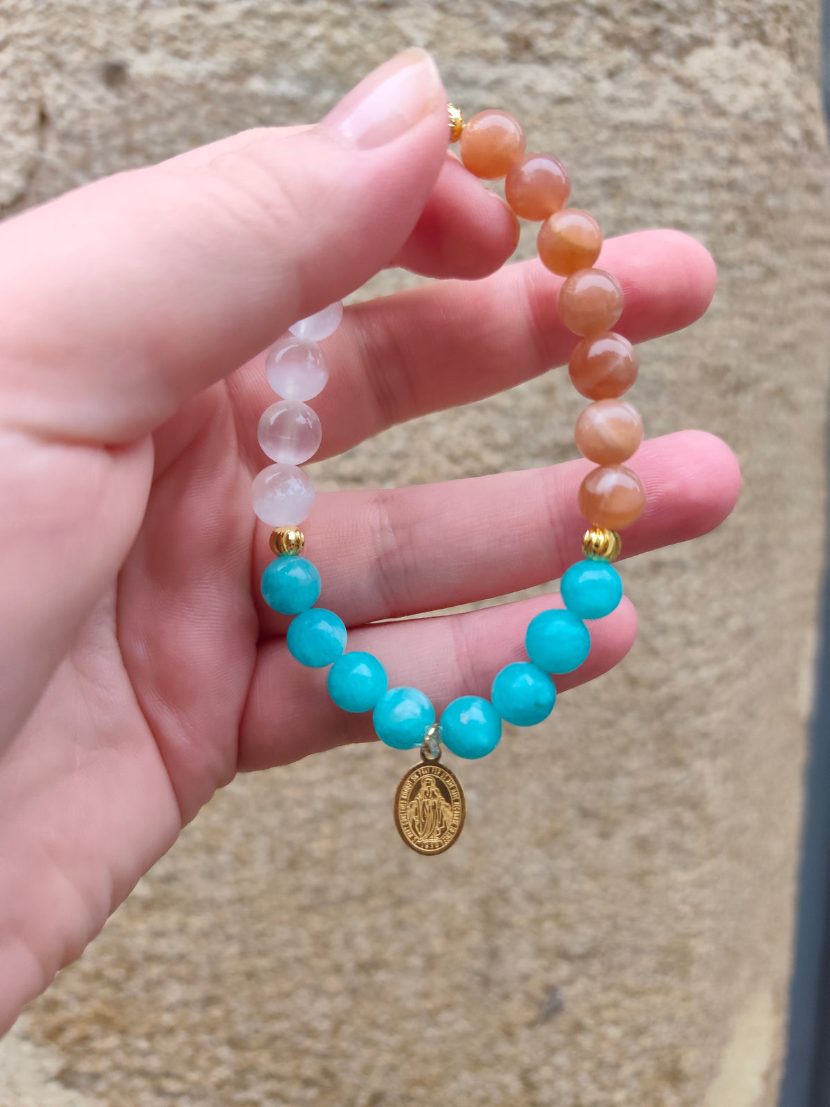 Bracelet Vierge Marie – Amazonite, Sélénite & Pierre de Lune