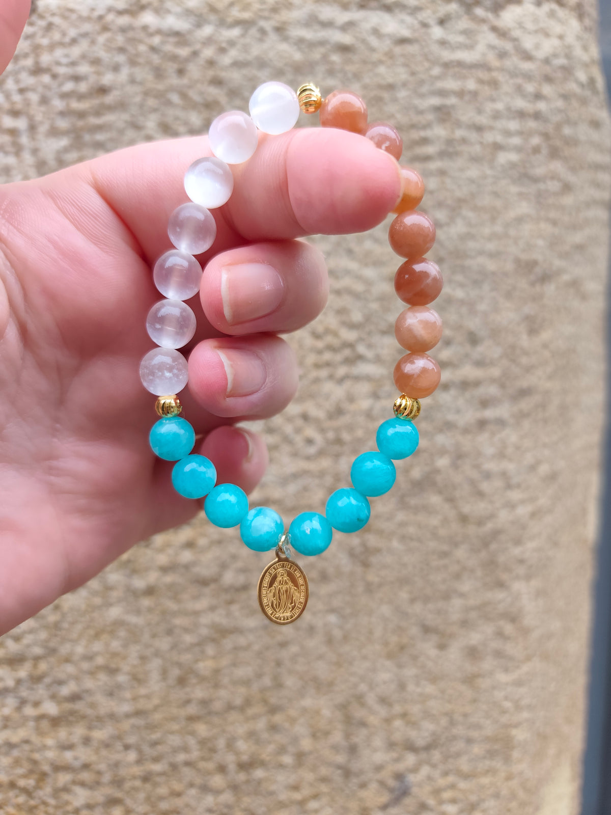 Bracelet Vierge Marie – Amazonite, Sélénite & Pierre de Lune