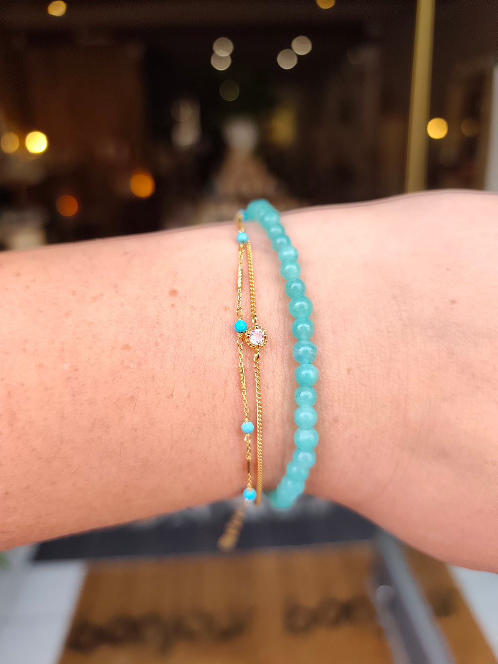 Bracelet Turquoise & Tourmaline Rose argent 925, doré à l'or fin / pierres naturelles