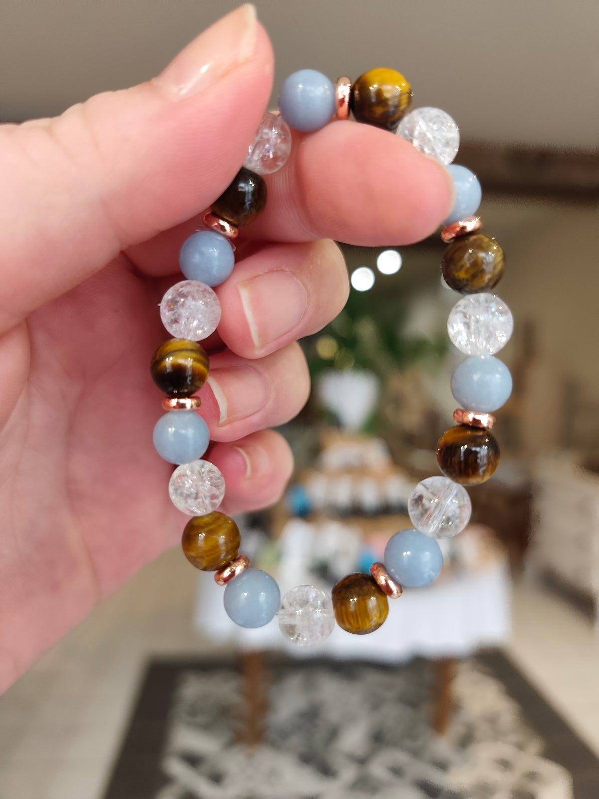 Bracelet Éponine — Angélite, cristal de roche & œil de tigre