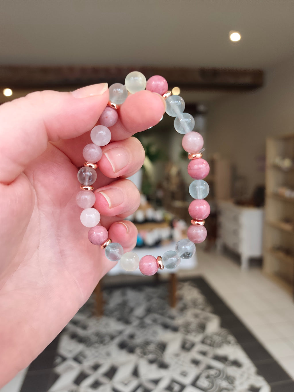 Bracelet Cherry Blossom — Fluorine bleue, Rhodonite, Quartz rose & Aventurine rose