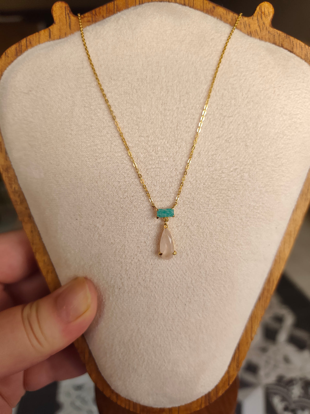 Collier Amazonite & Quartz Rose — Argent 925 doré à l’or fin